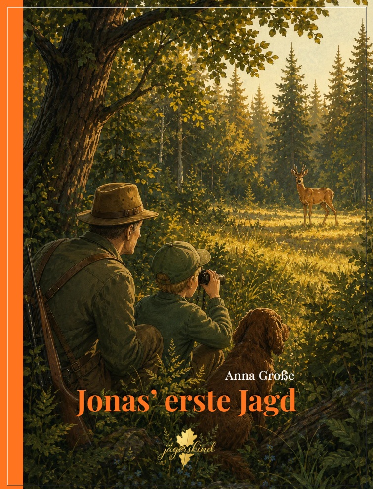 Buchcover Jonas' erste Jagd: Jonas mit Onkel Martin und Hund am Waldrand