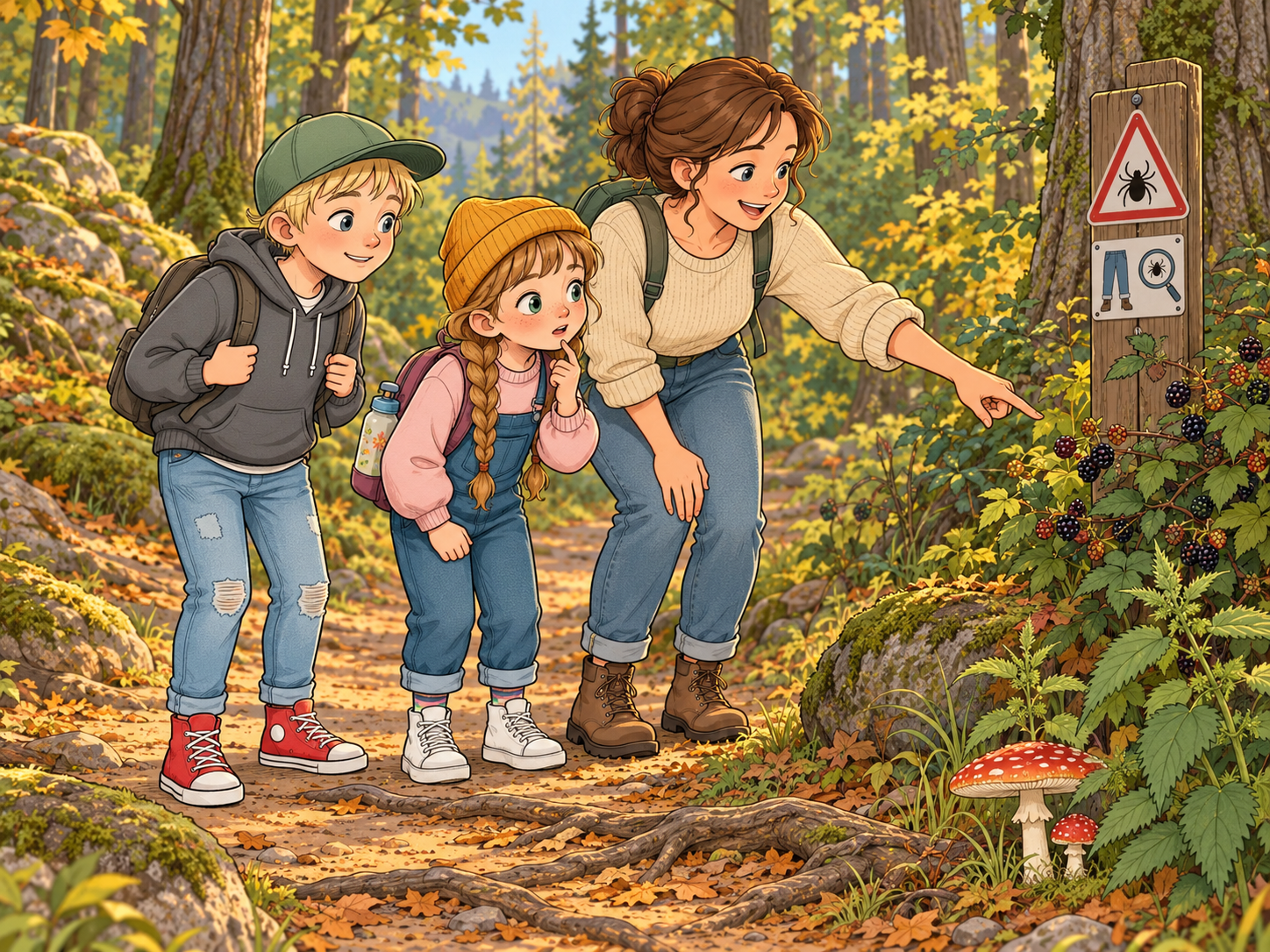 Aquarell-Illustration: Mutter und zwei Kinder im Herbstwald mit Zeckenwarnschild